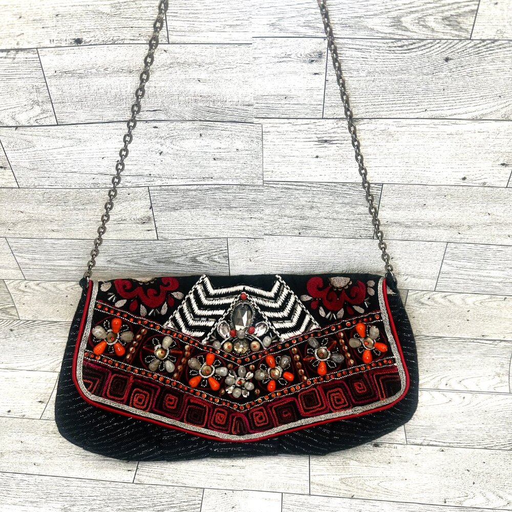 Chico's Embroidered Beaded Boho Shoulder Evening Hand Bag Purse w/Chain Strap
